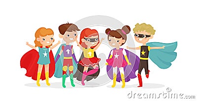 Vector illustration of kids wearing colorful superhero costumes. Superhero kids have fun together, children friends on Vector Illustration