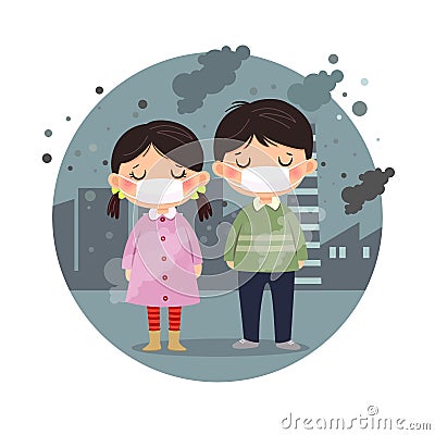 Kids wearing masks against smog in the city. Fine dust, air pollution, industrial smog protection concept Vector Illustration