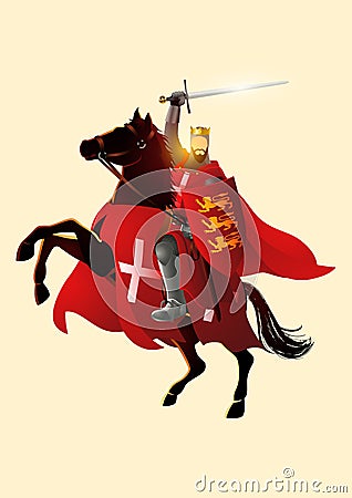 King Richard the Lionheart holding a sword and shield on horseback Vector Illustration