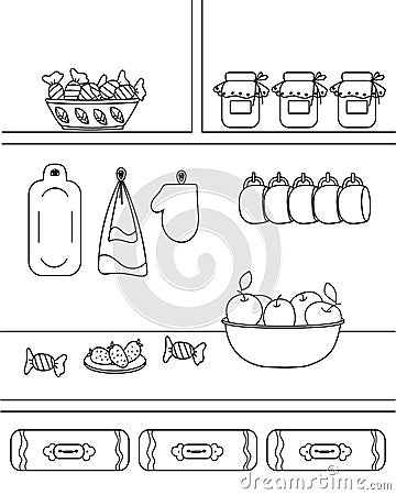 Vector illustration with kitchen utensils and food, sweets, cups, apples. Cute children`s coloring book with an ornament Vector Illustration