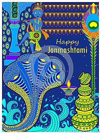God Krishna playing flute on Happy Janmashtami festival background of India Vector Illustration