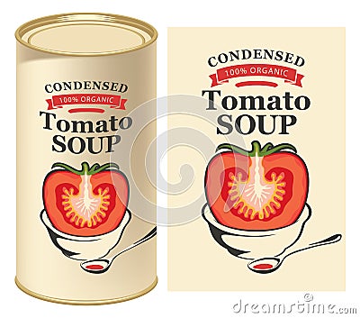 Vector illustration of label for condensed tomato soup with the image of a cut tomato on light background and tin can with this Vector Illustration