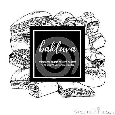 Vector illustration with label design of Baklava dessert Vector Illustration