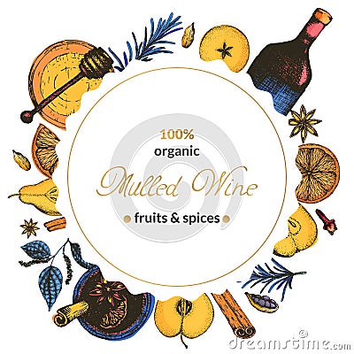 Vector illustration label for mulled wine seasoning set. Ingredients for hot Christmas wine, hand-drawn, for packing dried fruits Vector Illustration