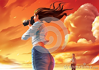 Vector illustration of the lady photographer is taking a photo of the beautiful sunset and the farther man is stealing her glance Vector Illustration