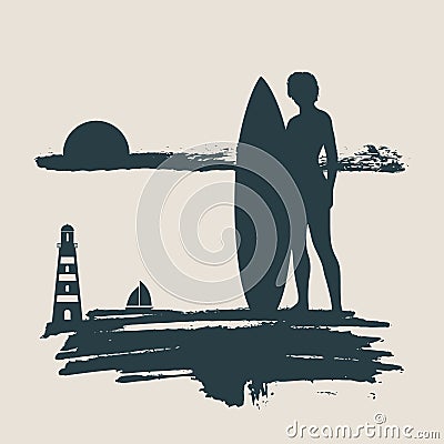 Vector illustration of lady posing with surfboard Vector Illustration