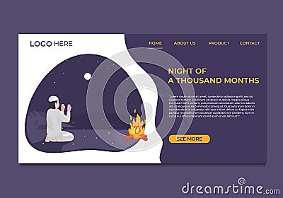 Vector illustration of Landing Page Man muslim praying in desert at night Vector Illustration