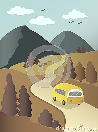 Vector illustration landscape with mountains, road and bus Vector Illustration