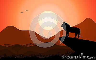 Lion king standing on a rock against a sunset Vector Illustration