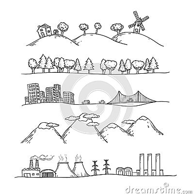 Vector illustration of landscapes. Doodles hand-drawn style. Vector Illustration