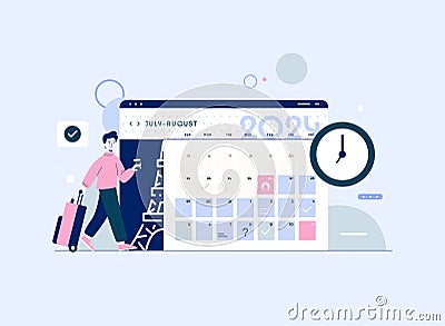 Vector illustration of a large calendar app showing the dates and schedule of sporting events from July to August 2024. Concept Vector Illustration