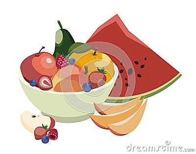 Vector illustration of large fruit set of watermelon, apple, mango, avocado, berries isolated on white background Vector Illustration