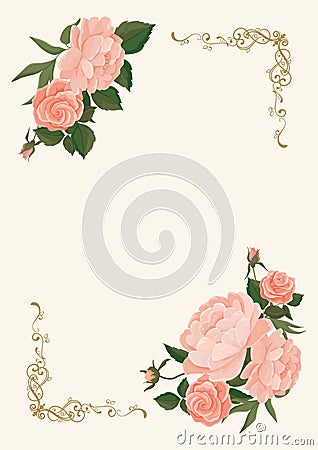 Vector illustration of large tender pink roses and peonies in a vertical frame Vector Illustration