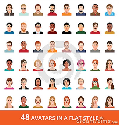 Large vector set of avatars of men and women in a flat style Vector Illustration