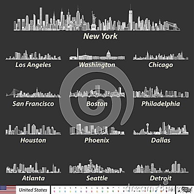 Vector illustration of largest United States city skylines in black and white color palette. Navigation, location and travel icons Vector Illustration