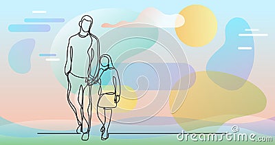 Father and daughter walking - single line drawing Cartoon Illustration