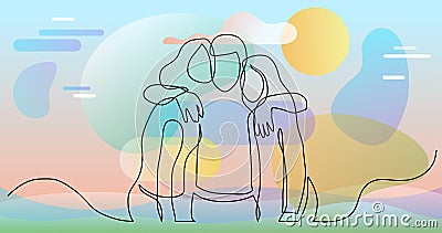 Continuous line drawing of three teenage friends hugging each other Cartoon Illustration