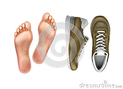 Vector illustration of left and right foot soles for footwear, pair of sport shoes isolated on background Vector Illustration