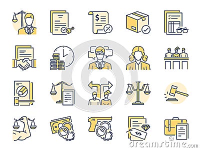 Legal services filled color line icon set. Included icons as law, lawyer, judge, court, advocacy and more. Vector Illustration