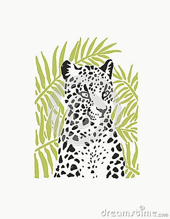 Vector illustration of leopard portrait in linocut style isolated on white. Hand drawn sketch of stylized jaguar for print. Vector Illustration