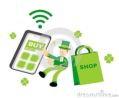 leprechaun shamrock celtic and digital shop mobile phone cartoon doodle flat design vector illustration Vector Illustration