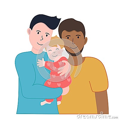 Vector illustration LGBT family. Two man and african american wihte and and child on hands. Vector Illustration