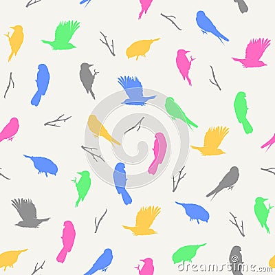 Vector illustration of light pastel seamless pattern with birds and branches Cartoon Illustration