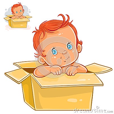 Vector illustration of little baby with white skin sitting in box. Vector Illustration