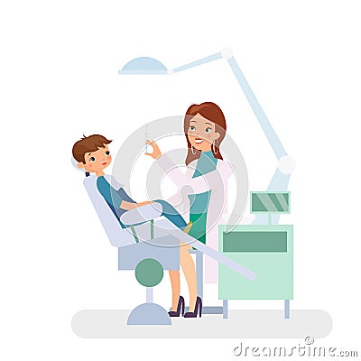 Vector illustration of little boy in dentist office. Medicine, dental concept. Pretty doctor woman and child patient in Vector Illustration