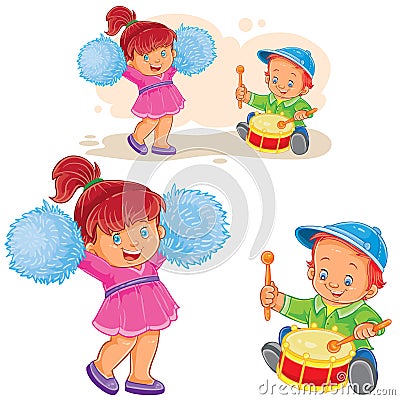 Vector illustration of a little boy knocking out a shot on the drum while a cheerful girl is dancing with pom-poms Vector Illustration