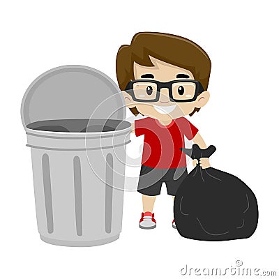 Vector Illustration of a Little Boy throwing the garbage bag in the trash can Vector Illustration