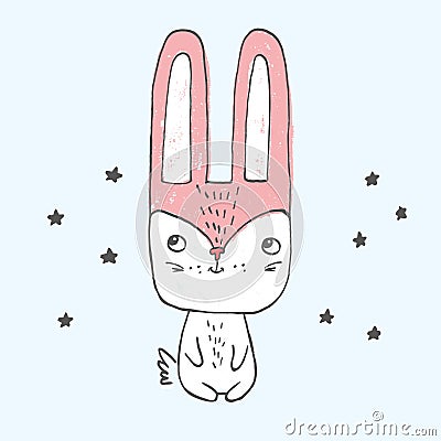 Vector illustration of little bunny sitting among stars with big head, small body, long ears Vector Illustration