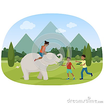 Vector illustration of the little children feeding and riding the elephant. Vector Illustration