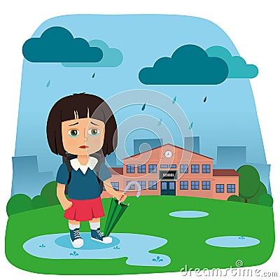 Vector illustration of little crying girl going to school Cartoon Illustration