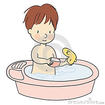 Vector illustration of little cute baby taking a bath Vector Illustration