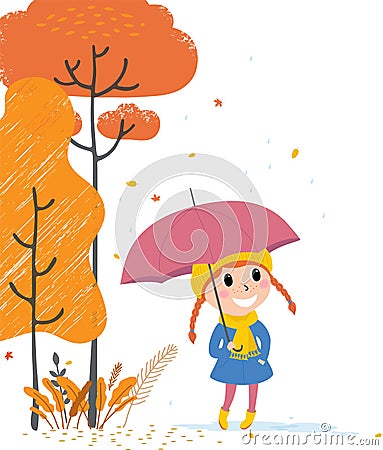 Vector illustration little cute girl under umbrella,rainy autumn day,cartoon design Stock Photo