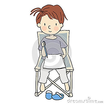 Vector illustration of little cute kid sitting on folding chair and drawing a picture with pencil Cartoon Illustration
