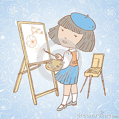 Vector illustration of a little girl artist standing behind an easel and painting with a brush Vector Illustration