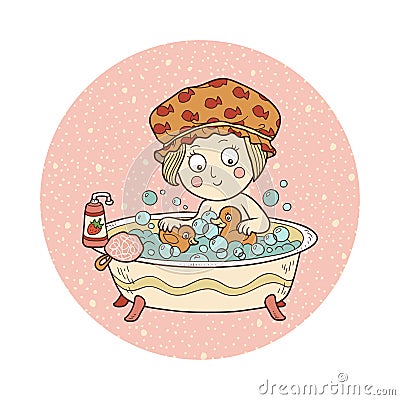 Vector illustration: little girl in a bathtub with soap bubbles Vector Illustration