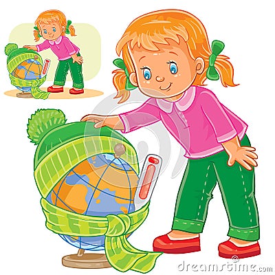 Vector illustration of a little girl measuring the temperature of a globe and dressing it in warm clothes Vector Illustration