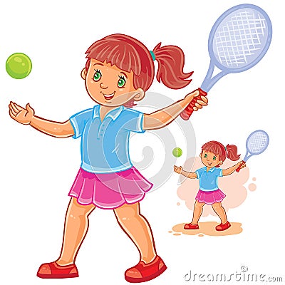 Vector illustration of little girl playing tennis Vector Illustration
