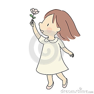 Vector illustration of little happy kid girl giving pink flower. Happiness, love, mother day and valentine day concept. Cartoon Cartoon Illustration