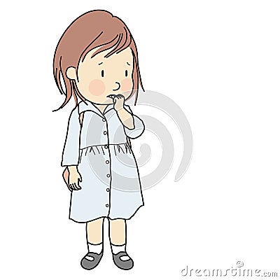 Vector illustration of little kid biting her nail to relieve anxiety, loneliness, stress. Early childhood development Cartoon Illustration