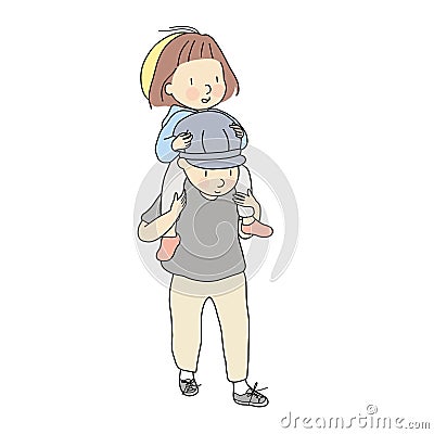 Vector illustration of little kid girl riding dad`s shoulders. Daughter ride on daddy back. Early child development, family Cartoon Illustration