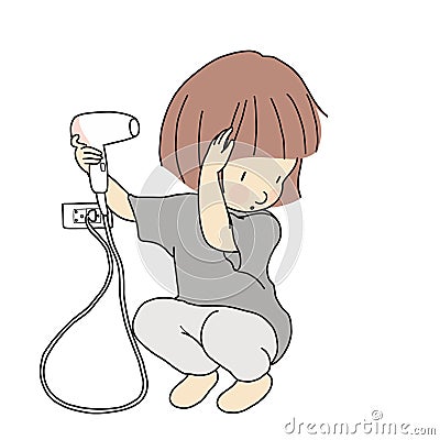 Vector illustration of little kid girl trying to dry hair with blow dryer. Child development & teenage & beauty concept. Cartoon Cartoon Illustration