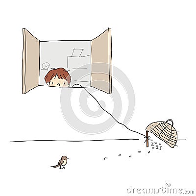 Vector illustration of little kid hiding behind the window and waiting to catch a bird Vector Illustration