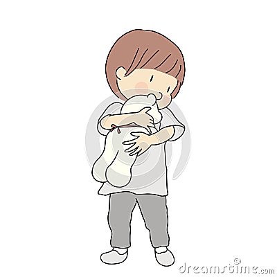 Vector illustration of little kid holding and hugging teddy bear doll. Early childhood development, child playing, happy children Cartoon Illustration