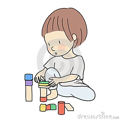 Vector illustration of little kid playing building wooden blocks by staking, assembling. Early childhood development activity Cartoon Illustration