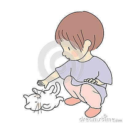 Vector illustration of little kid playing with lovely kitten. Curious kid touching little cat. Happy children day, child playing Cartoon Illustration