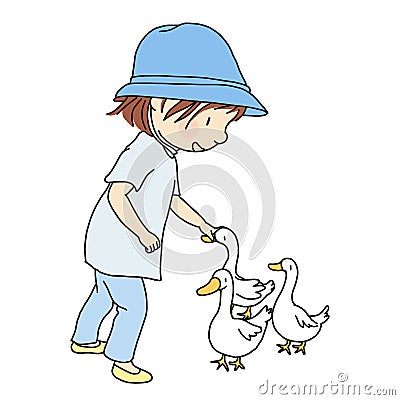 Vector illustration of little kid rubbing her lovely duck, gently on head Vector Illustration